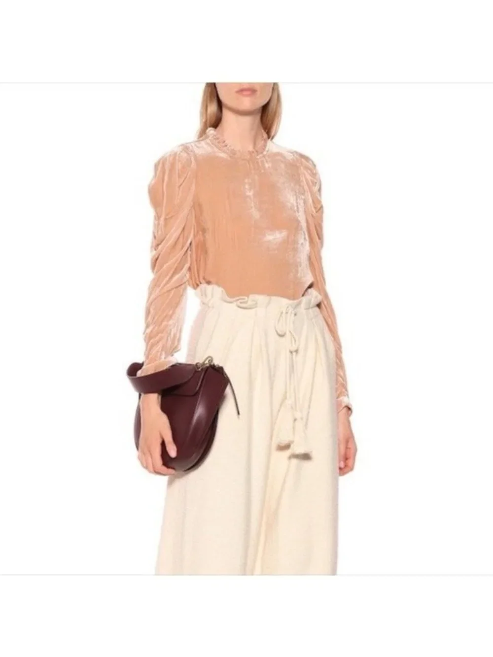 Ulla Johnson Peach Silk Velvet Puff Sleeve Ruffle Giles Blouse, Size 0